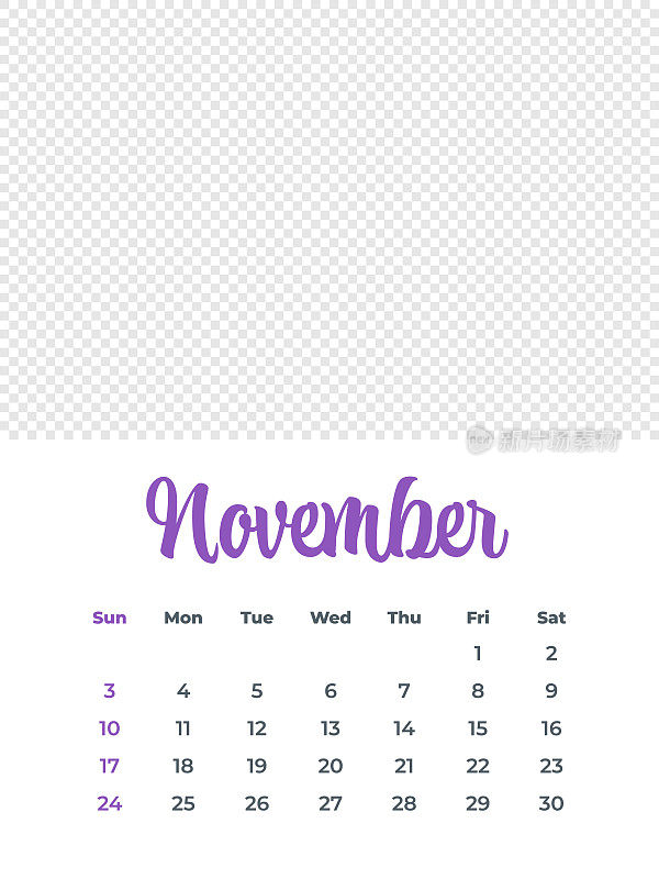 2024年11月-日历与照片或插图的地方。日历矢量模板为2024年。一周从周日开始