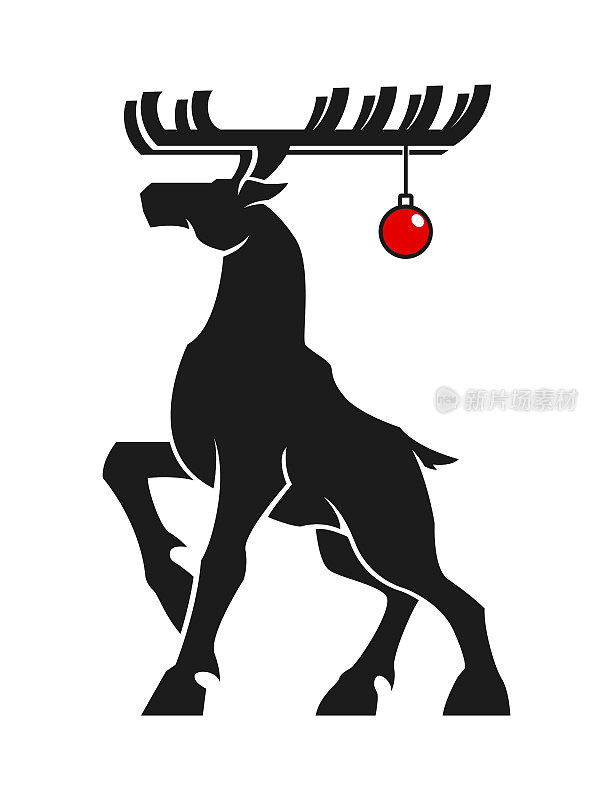 鹿、雄鹿、麋鹿在鹿角上剪出圣诞树球的剪影