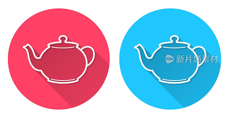 茶壶。圆形图标与长阴影在红色或蓝色的背景