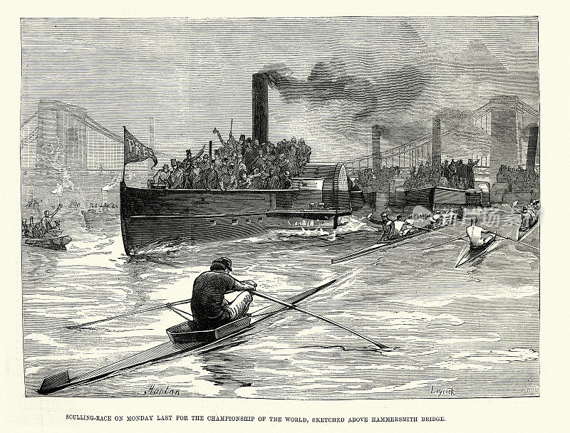 1881年世界双桨锦标赛，爱德华・汉兰击败伊莱亚斯・c・莱科克，泰晤士河，哈默史密斯桥上方，维多利亚历史体育
