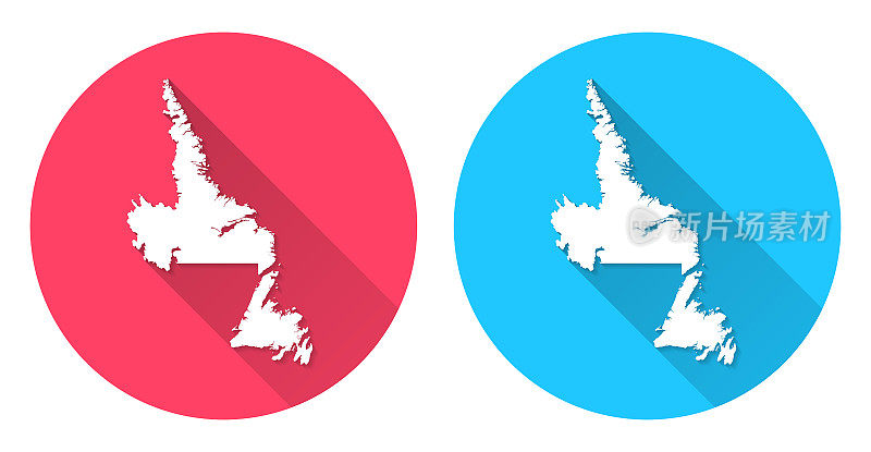 纽芬兰和拉布拉多地图。圆形图标与长阴影在红色或蓝色的背景