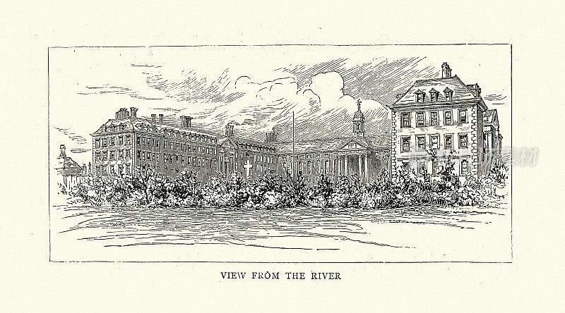 从泰晤士河上看切尔西皇家医院，这是19世纪80年代英国陆军退伍军人的退休之家和养老院