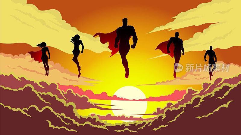 矢量超级英雄团队剪影漂浮在云层之上股票插图