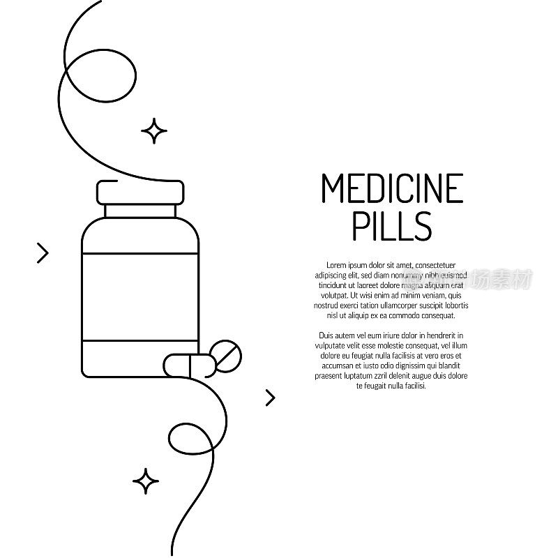 连续线绘制的药物药丸图标。手绘符号矢量插图。