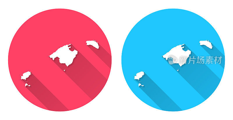 巴利阿里群岛地图。圆形图标与长阴影在红色或蓝色的背景