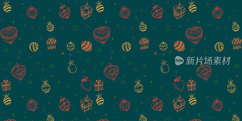 无缝图案装饰圣诞树，糖果和礼物。各种各样的冷杉树，有灯和装饰品。五颜六色的新年标志。极简的平面手绘风格
