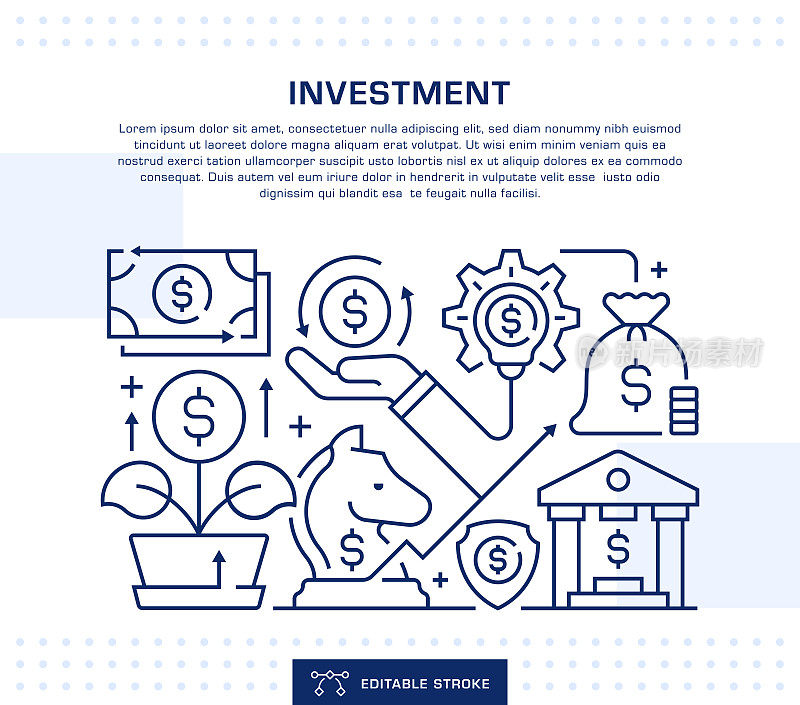 投资概念标题，网页横幅模板。可编辑的细线插图