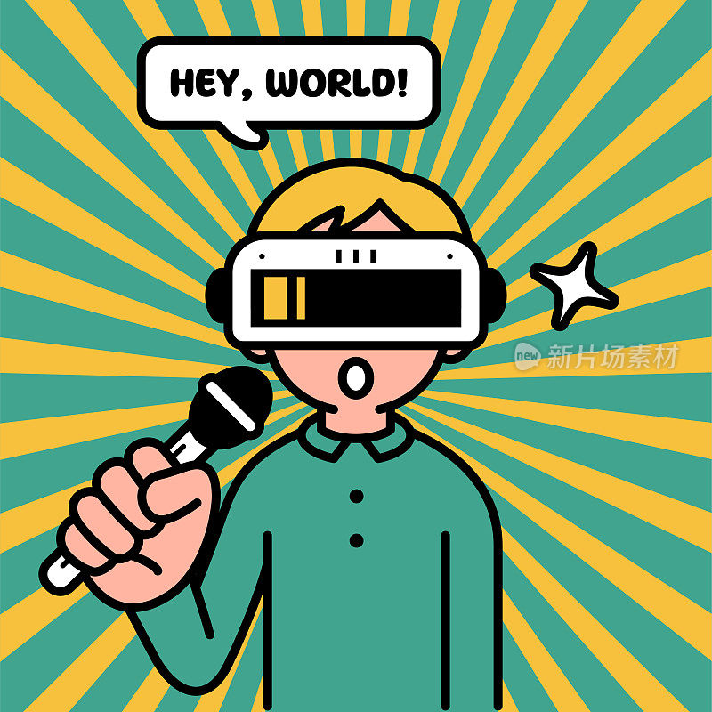 一个戴着虚拟现实耳机或VR眼镜的男孩进入虚拟世界，看着观众，用麦克风说话