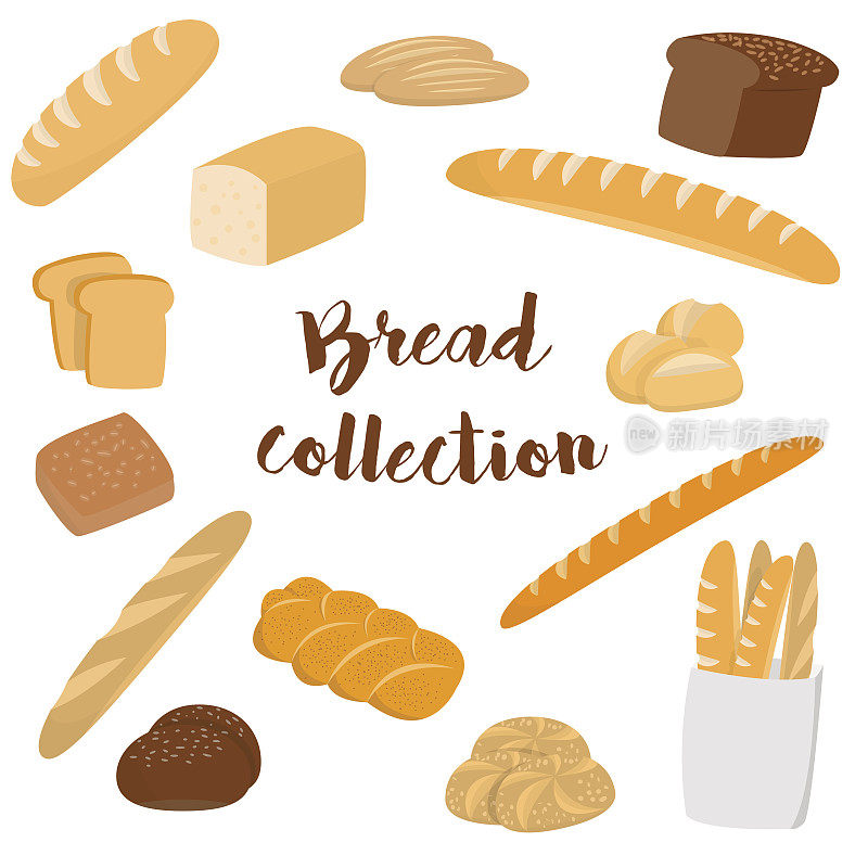 不同种类的面包隔离在白色