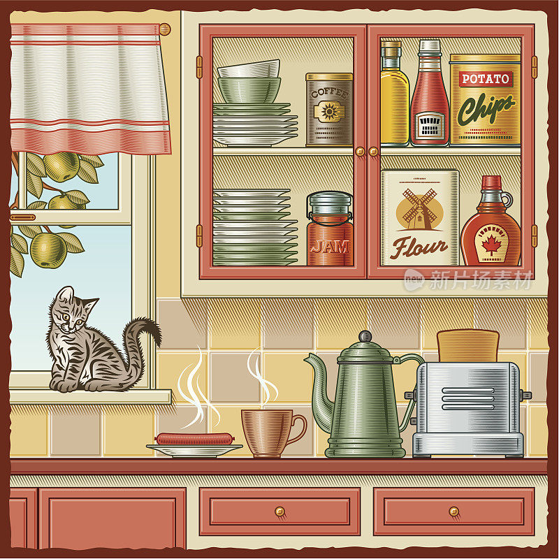 厨房的墙上有一只猫在窗台上的插图