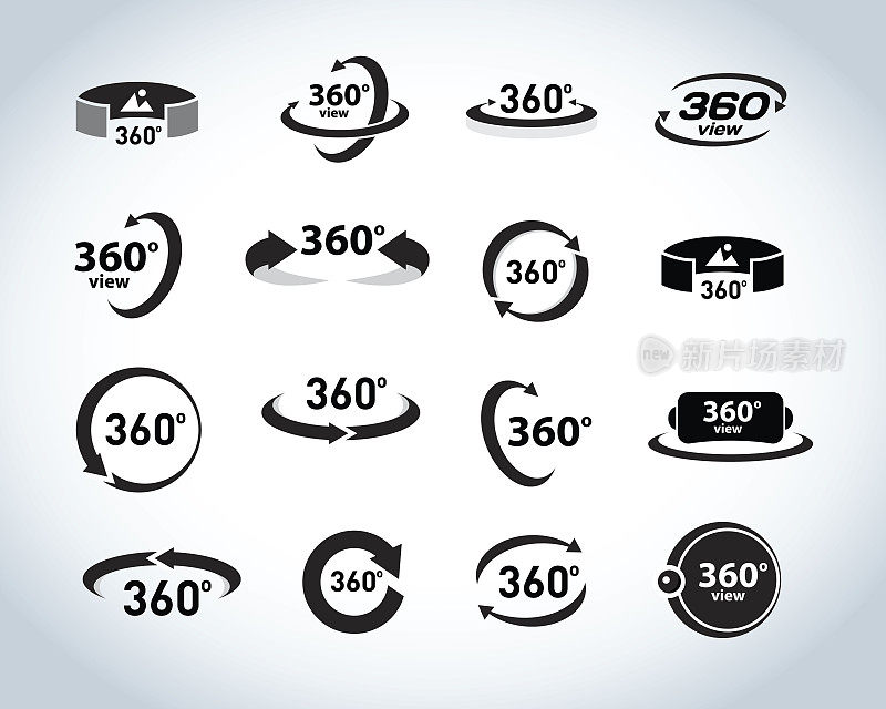 360度视图矢量图标设置。虚拟现实图标。