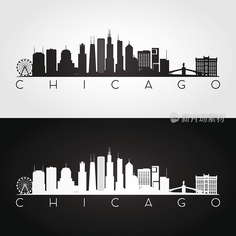 美国芝加哥的地平线和地标剪影
