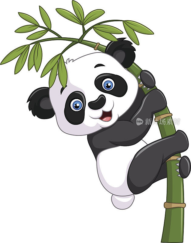 可爱有趣的熊猫宝宝挂在竹树上