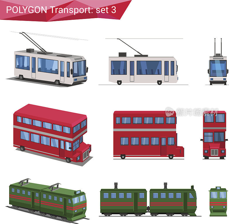 多边形样式的车辆矢量图标集。电车，双层巴士，火车。
多边形运输集合。