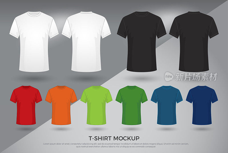 男士t恤模型，一套黑色，白色和彩色t恤模板设计。前和后视图衬衫模拟。矢量图