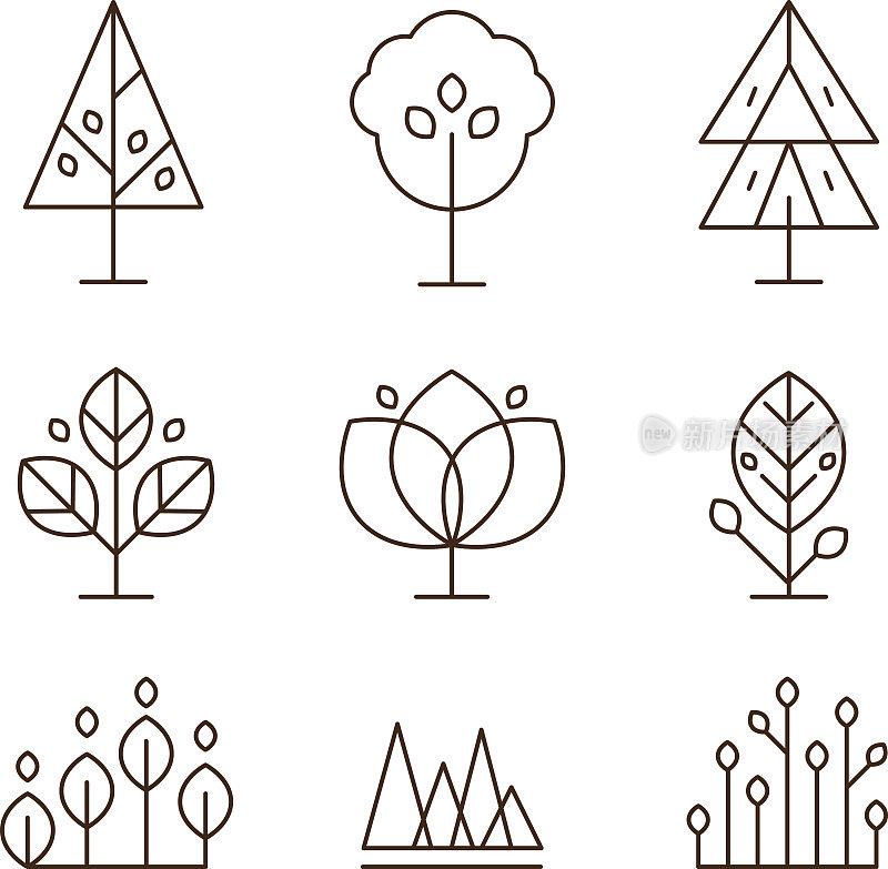 植物和树木图标设置线性风格