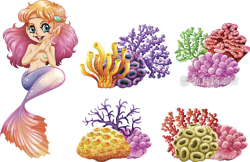可爱的美人鱼和色彩斑斓的珊瑚礁