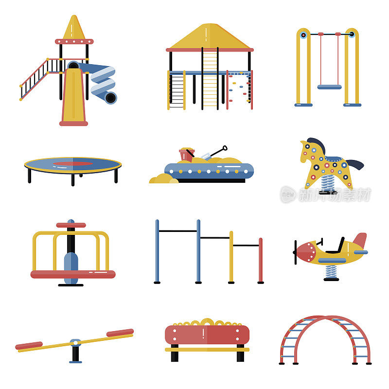 一组儿童操场矢量元素在平面设计。儿童玩耍区域设备隔离在白色背景。幼儿园的游乐玩具。青年运动和娱乐场所的象征。