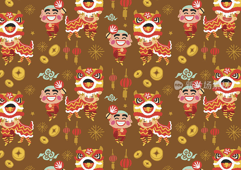 中国新年舞狮图案-矢量插图