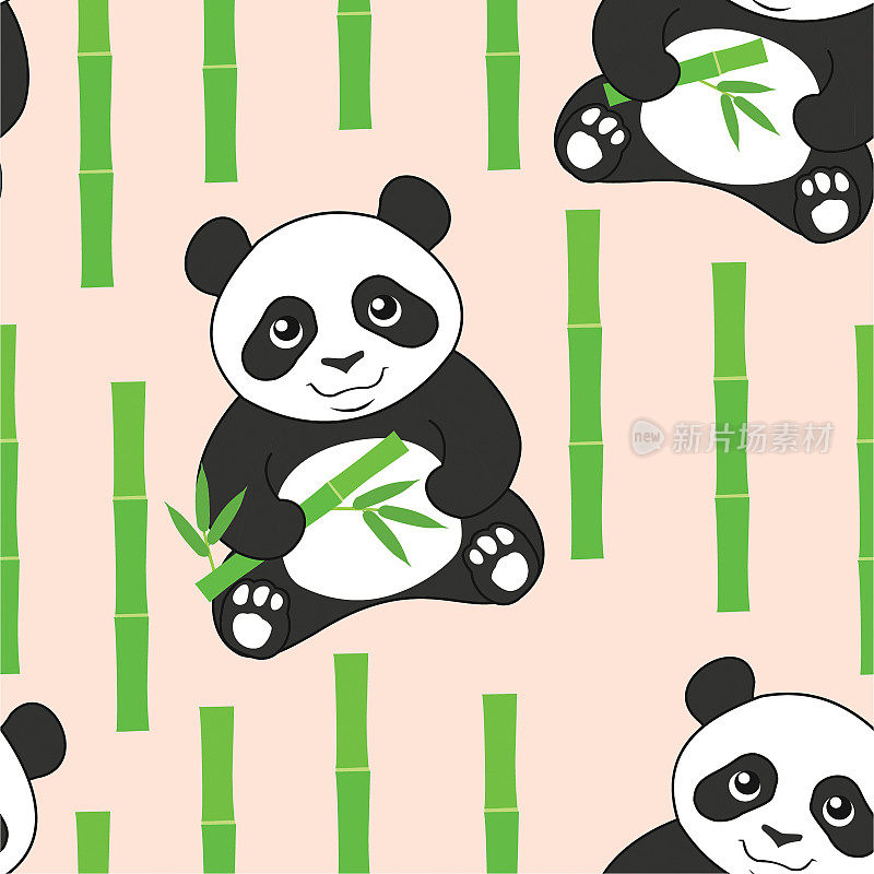 图案有熊猫和竹子。向量无缝纹理。