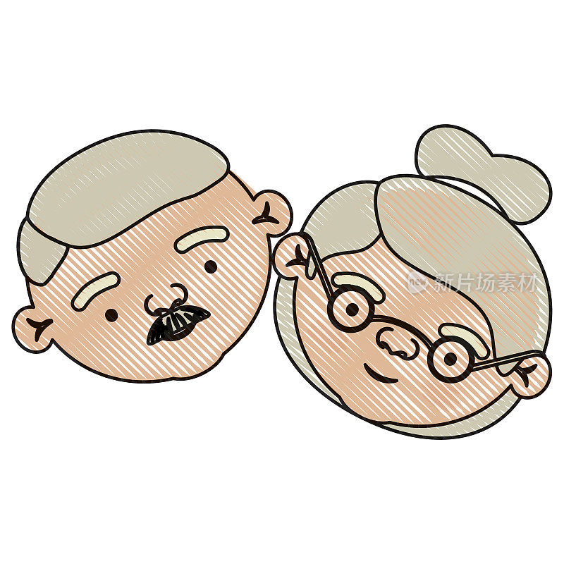 彩色蜡笔剪影的老两口爷爷和奶奶的胡子和眼镜和发髻