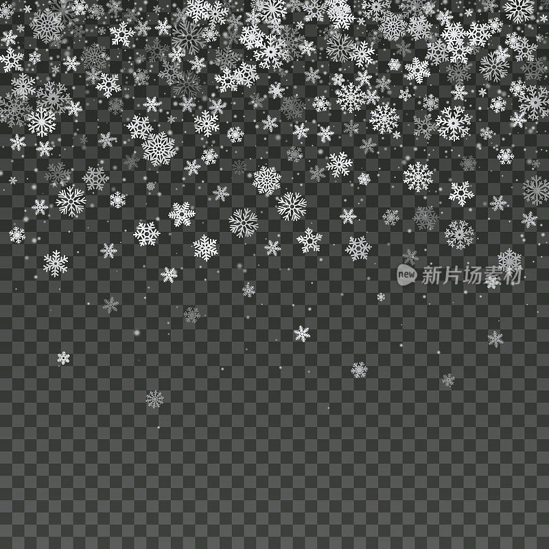飘落的雪花孤立矢量冬季装饰墙纸。魔术圣诞暴风雪背景