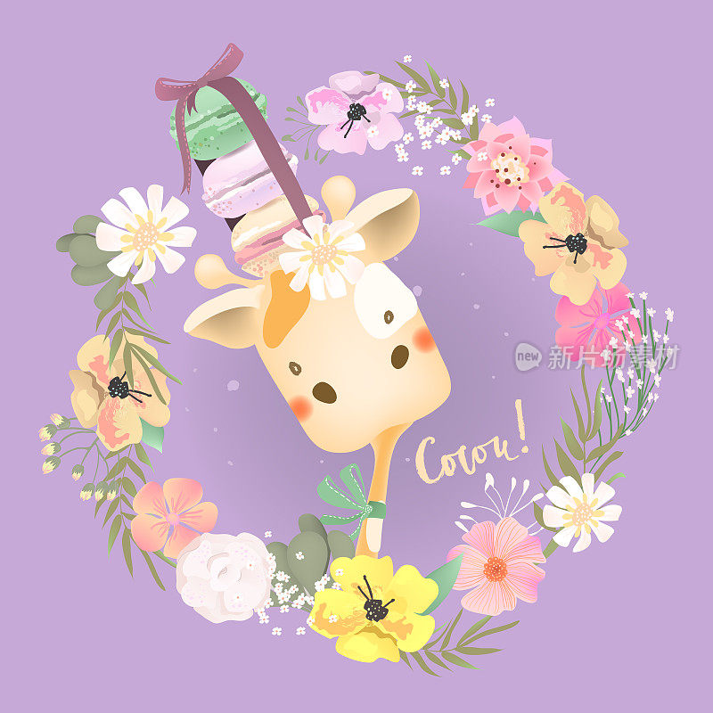 可爱的野生长颈鹿宝宝用杏仁饼干和蝴蝶结绑在美丽的鲜花上，花环、花架、花束。Coucou刻字