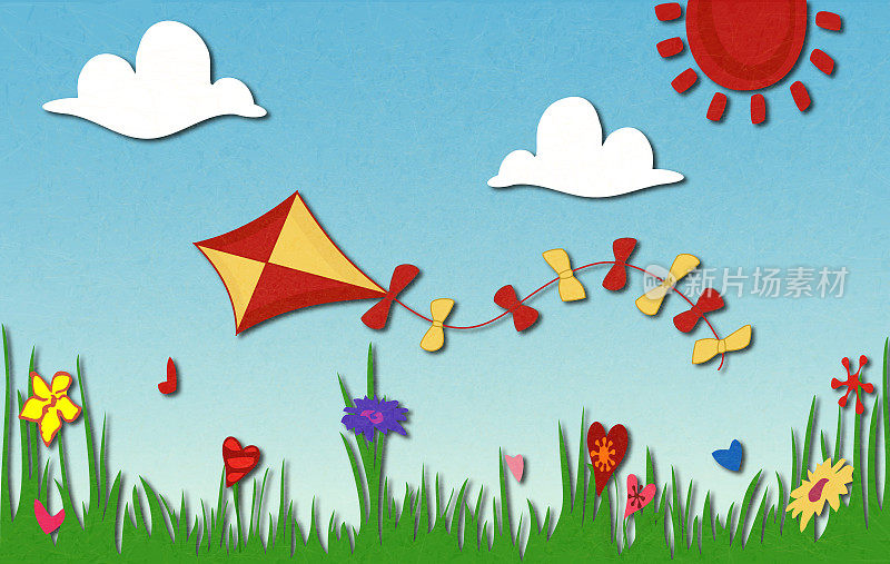 彩色的风筝在春天阳光灿烂的草地上飞翔。