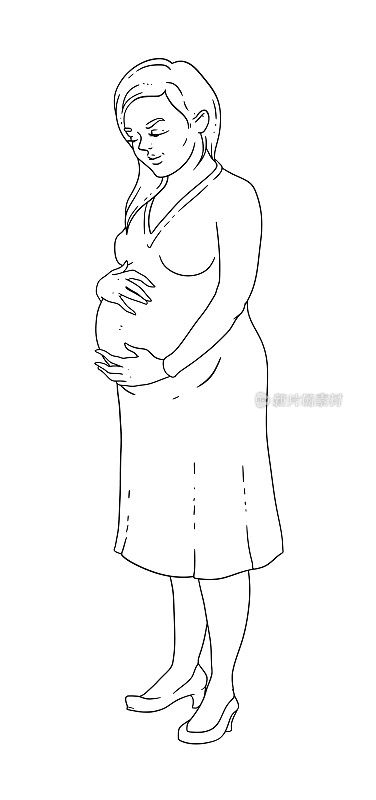 一个年轻孕妇的矢量插图。女孩抚摸着她的肚子。