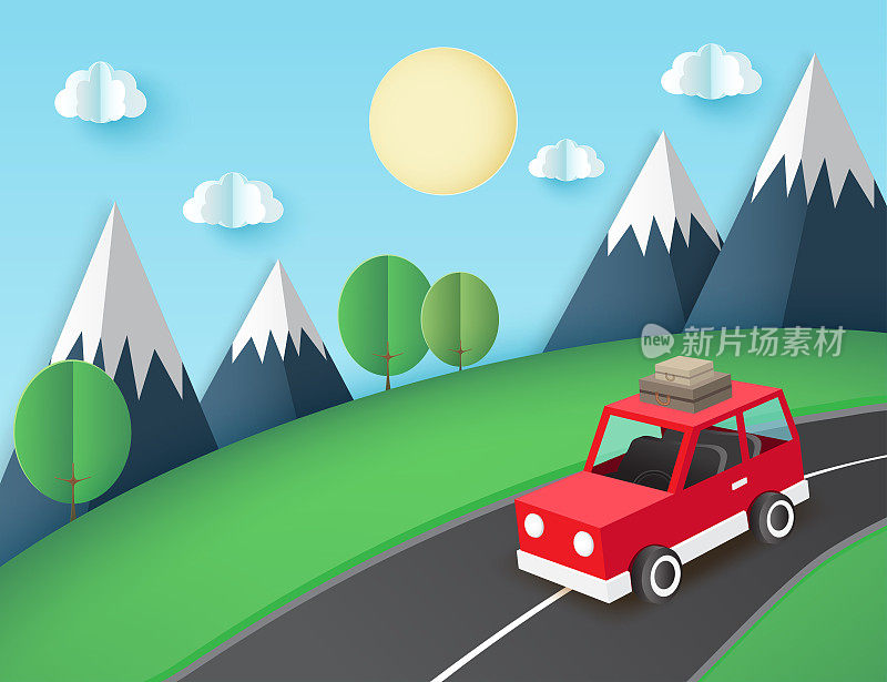 纸上的艺术背景，红色的车带着行李在山路附近，绿色的草坪上有树木。蓬松的纸云和太阳。度假和旅行的概念。矢量图