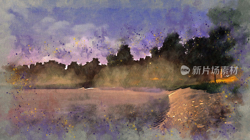公园池塘在薄雾的黄昏水彩画