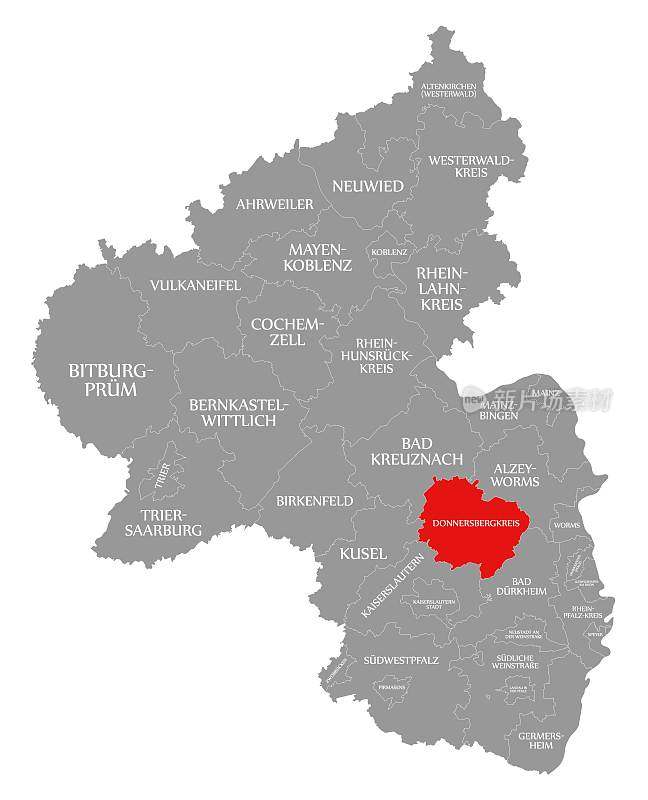 在莱茵兰-普法尔茨地图上，Donnersbergkreis红色高亮显示