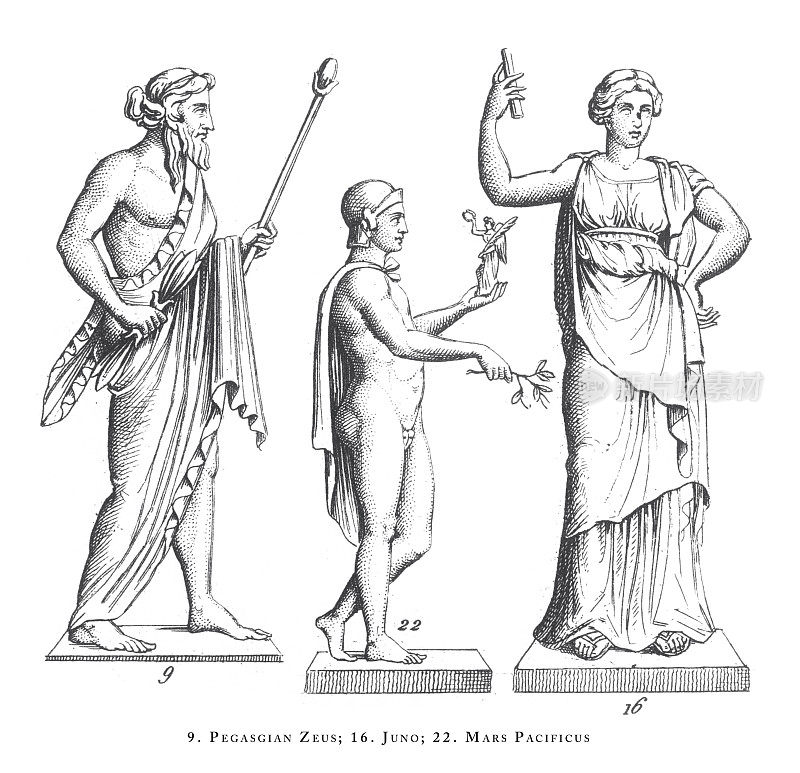 Pegasgian宙斯;“朱诺”号;Picificus火星，希腊和罗马神话中的传奇场景和人物雕刻古董插图，出版于1851年