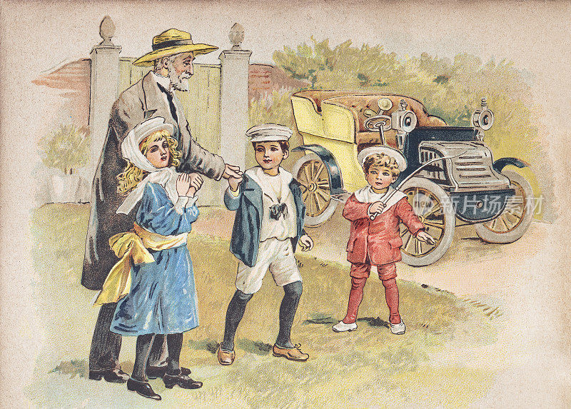 祖父向孩子们展示1900年的老爷车