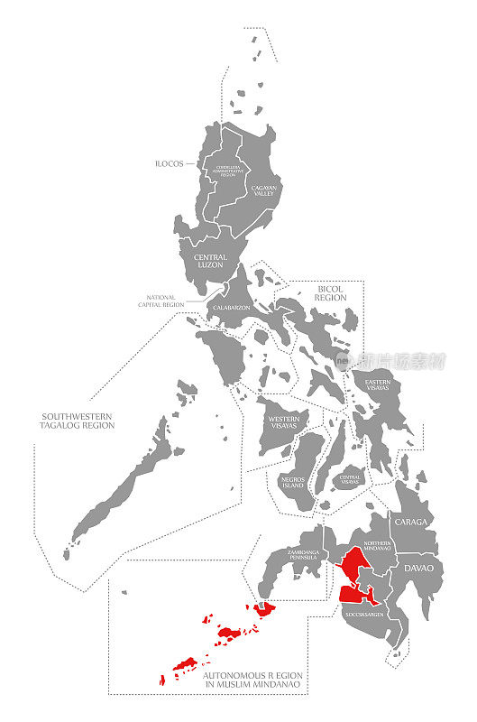 棉兰老族自治区穆斯林在菲律宾地图上用红色标注