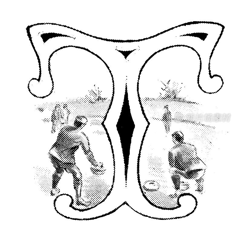 古董插图的体育和休闲活动:大写字母T和冰壶