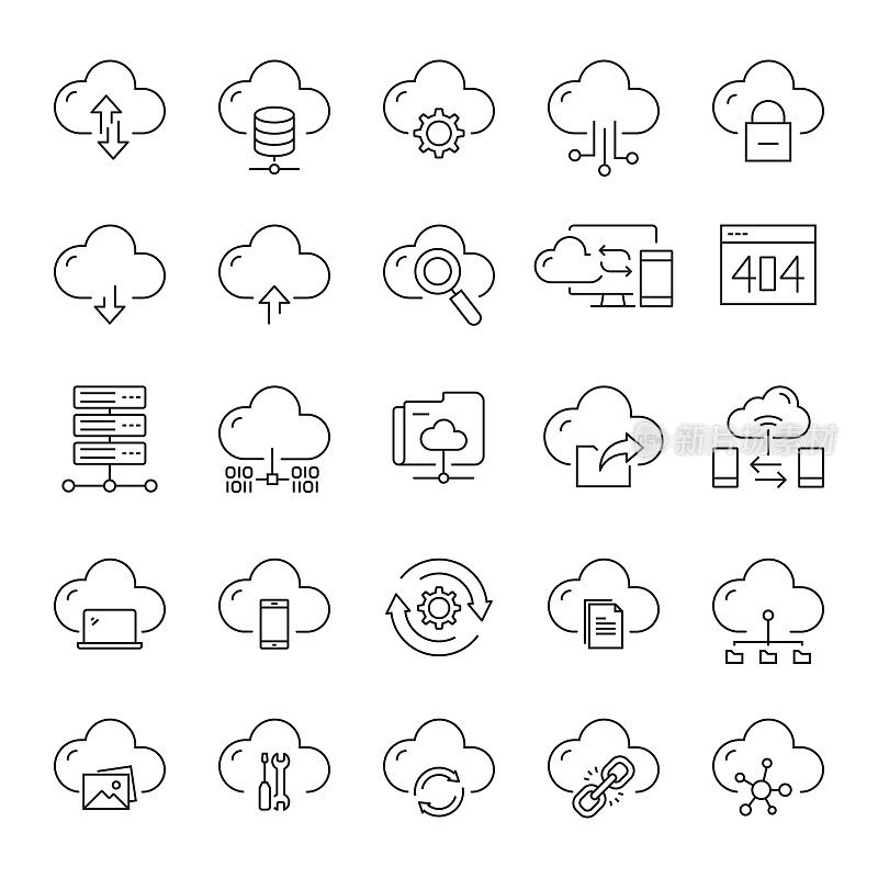 一组云技术相关的线图标。可编辑的中风。简单的轮廓图标。
