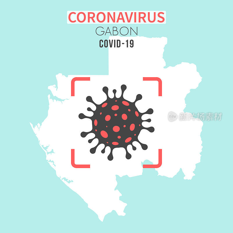 加蓬地图，红色取景器中有冠状病毒细胞(COVID-19)