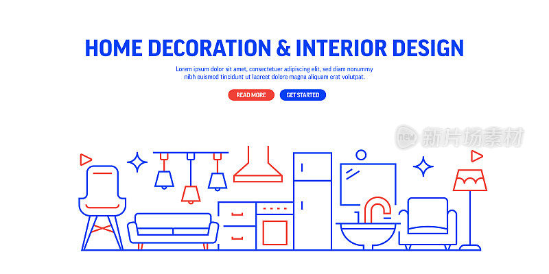 家装相关网站横幅线条风格。现代线性设计矢量插图的网站横幅，网站标题等。