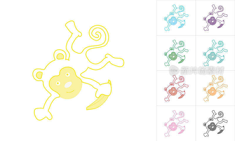 古怪，可爱和有趣的极简主义黄色猴子素描，字符孤立在白色背景在多种颜色，矢量插图