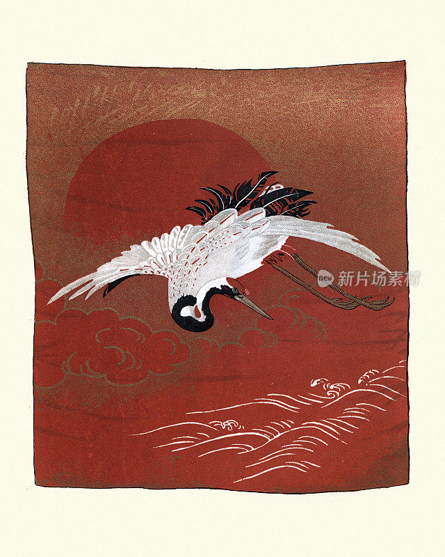 鹤飞海，日本艺术版画，福草