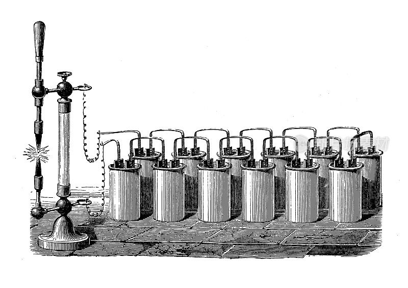 科学发现、实验和发明的古董插图:电机伏打拱