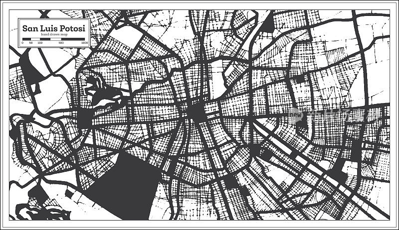 圣路易斯波托西墨西哥城地图黑白复古风格。略图。