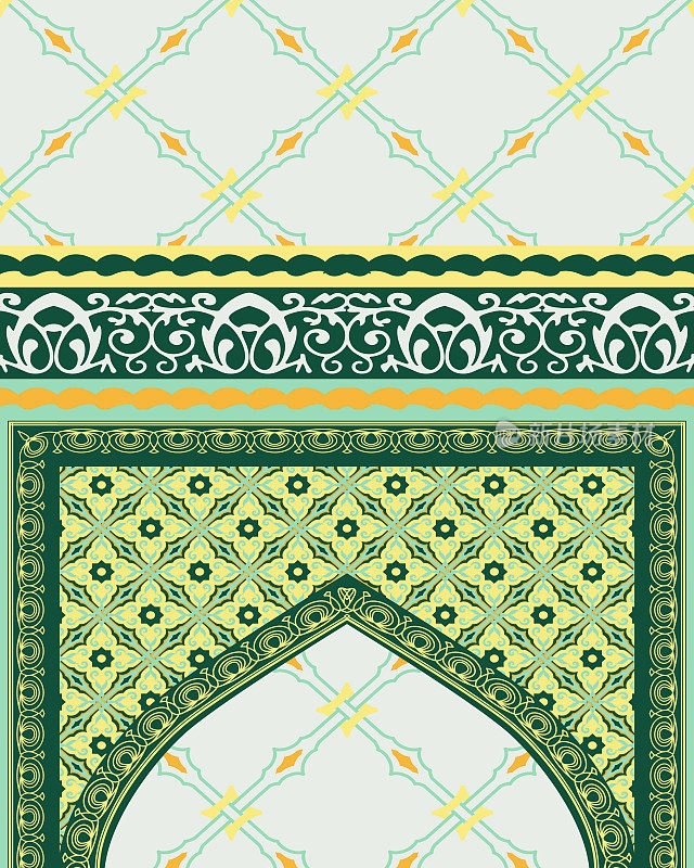 精美的古尔邦抽象背景设计与绿色和金色的伊斯兰几何元素装饰清真寺形状。