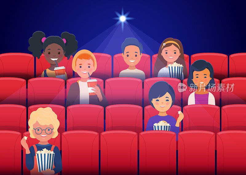 快乐的孩子们在电影院看电影