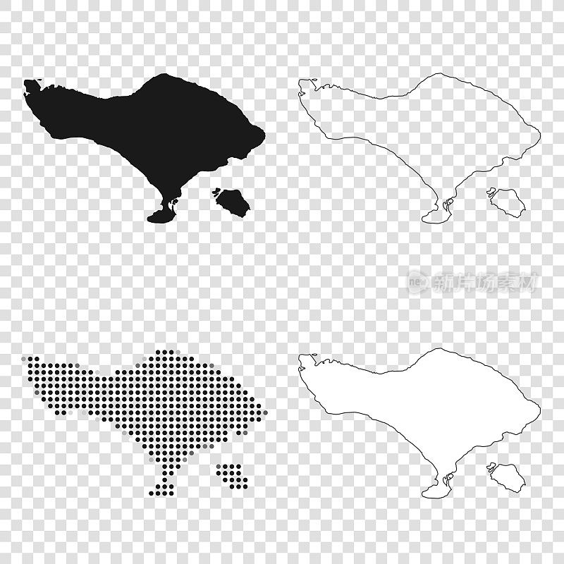 巴厘岛地图设计-黑色，轮廓，马赛克和白色
