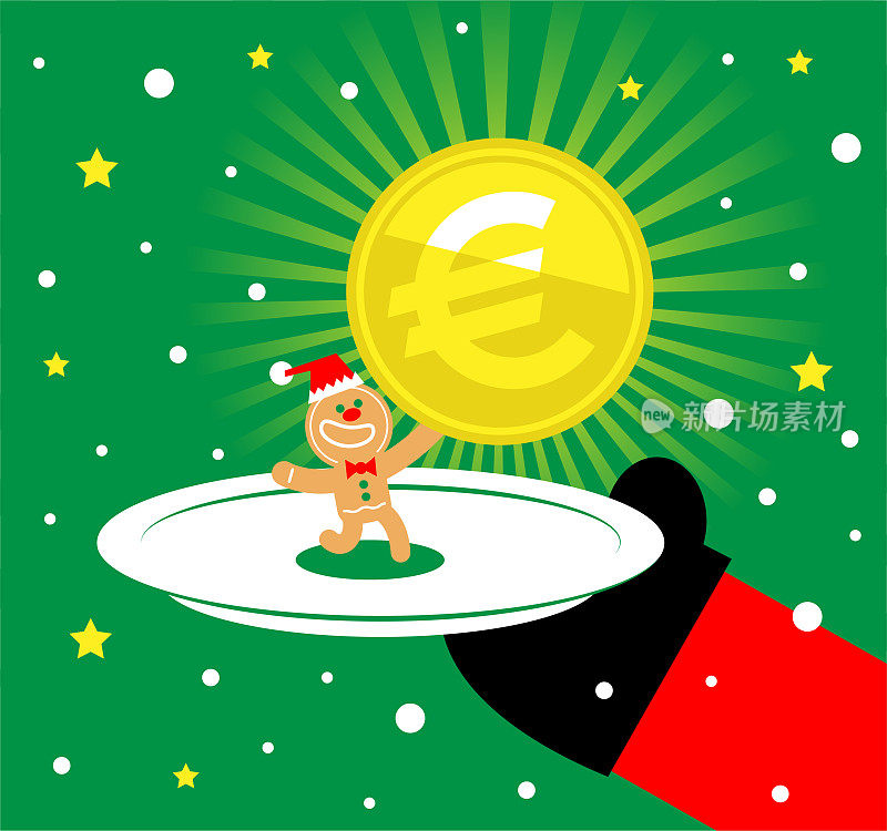 圣诞老人正在端上一个装着欧盟货币(欧元符号硬币)的姜饼人的盘子