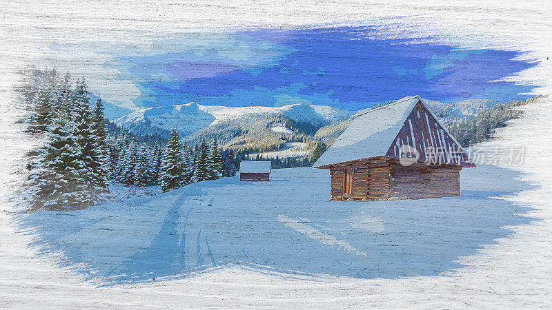 冬天的木屋，塔特拉山，水彩画