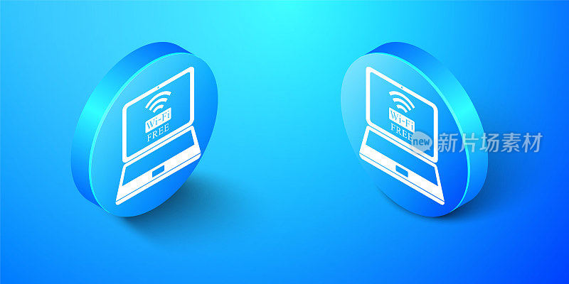 等距笔记本电脑和免费wi-fi无线连接图标隔离在蓝色背景。无线技术，wi-fi连接，网络，热点概念。蓝色圆按钮。向量
