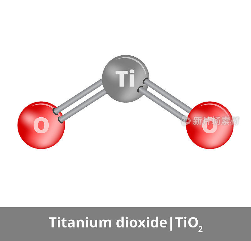 矢量球棍模型的二氧化钛或钛分子TiO2组成的钛和氧气。用作颜料的结构式钛白。图标孤立在白色背景上。